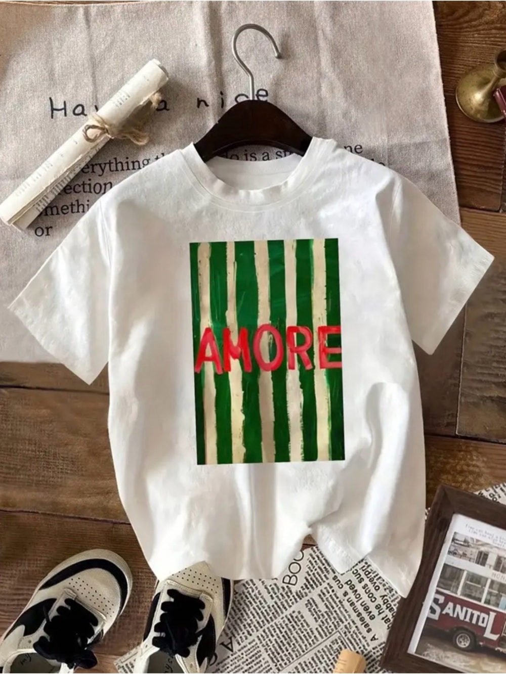 Super cute  White T-Shirt with Watermelon Slice & 'AMORE' Italian Text!
